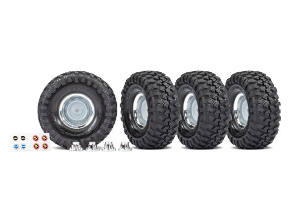 Traxxas 8166X Tires and Wheels, assembled, glued (1.9' chrome Wheels, Canyon Trail 4.6x1.9' Tires) (4)/ center caps (4)/ Decal Sheet (requires #8255A extended stub axle) - TRA8166X