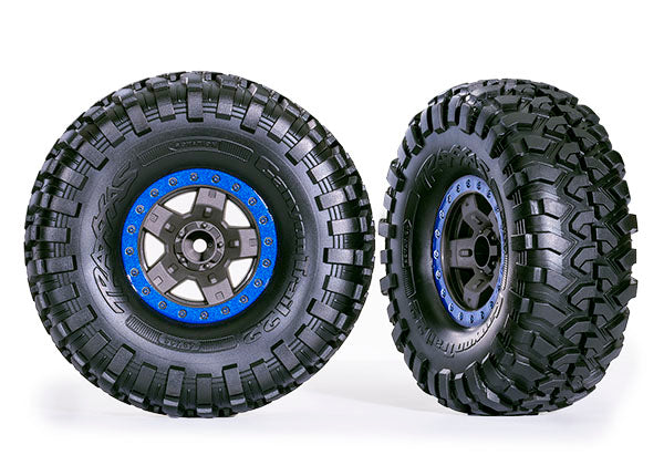 Traxxas 8181-BLUE Tires & Wheels, assembled, glued (TRX-4 Sport 2.2' - Gray, - Blue beadlock style Wheels, Canyon Trail 5.3x2.2' Tires) (2)