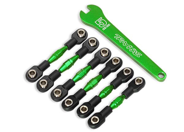 Traxxas 8341G Turnbuckles , aluminum (green-anodized) , camber links , 32mm (Front) (2) / camber links , 28mm (Rear) (2) / toe links , 34mm (2) / aluminum wrench - TRA8341G