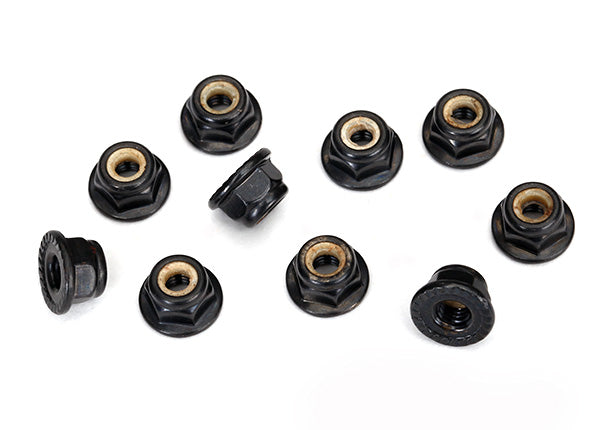 Traxxas 8347 Nuts , 4mm flanged nylon locking , serRated (black) (10) - TRA8347