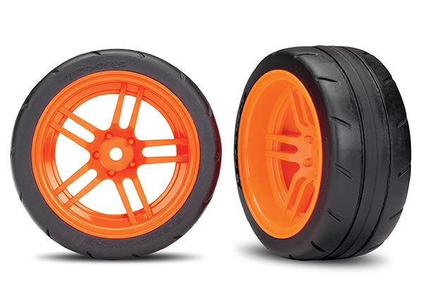 Traxxas 8374A Tires and Wheels , assembled , glued (split-spoke orange Wheels , 1.9' Response Tires) (extra wide , Rear) (2) (VXL Rated) - TRA8374A