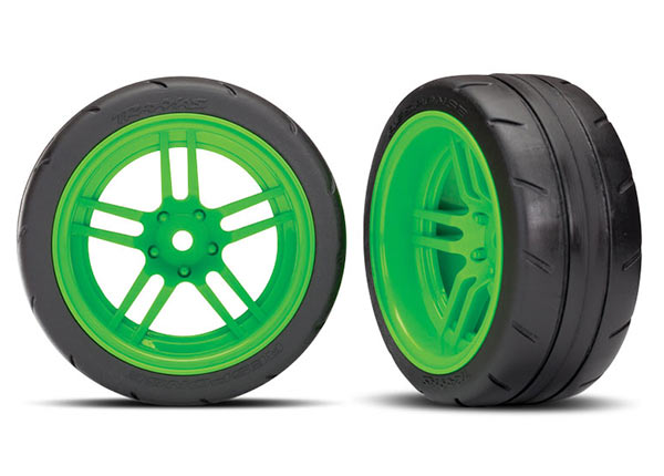Traxxas 8374G Tires and Wheels , assembled , glued (split-spoke Green Wheels , 1.9' Response Tires) (extra wide , Rear) (2) (VXL Rated) - TRA8374G