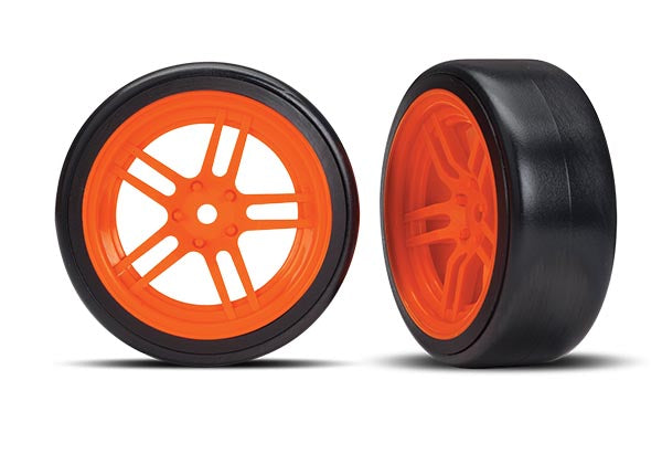 Traxxas 8376A Tires and Wheels, assembled, glued (split-spoke orange Wheels, 1.9' Drift Tires) (Front) - TRA8376A