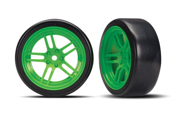 Traxxas 8376G Tires and Wheels , assembled , glued (split-spoke Green Wheels , 1.9' Drift Tires) (Front) - TRA8376G