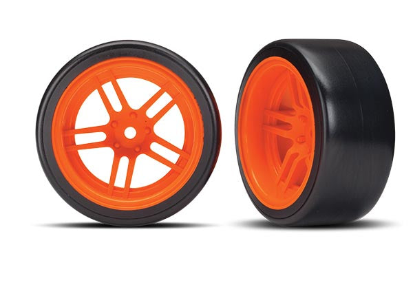 Traxxas 8377A Tires and Wheels, assembled, glued (split-spoke orange Wheels, 1.9' Drift Tires) (Rear) - TRA8377A