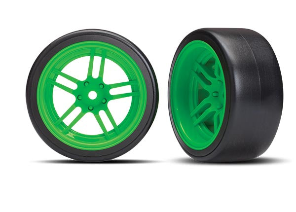 Traxxas 8377G Tires and Wheels, assembled, glued (split-spoke Green Wheels, 1.9' Drift Tires) (Rear) - TRA8377G