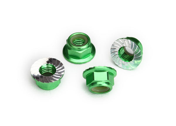Traxxas 8447G Nuts , 5mm flanged nylon locking (aluminum , green-anodized , serRated) (4) - TRA8447G