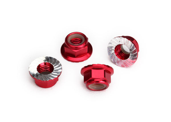 Traxxas 8447R Nuts, 5mm flanged nylon locking (aluminum, - Red-anodized, serRated) (4) - TRA8447R