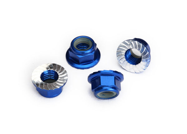 Traxxas 8447X Nuts, 5mm flanged nylon locking (aluminum, - Blue-anodized, serRated) (4) - TRA8447X