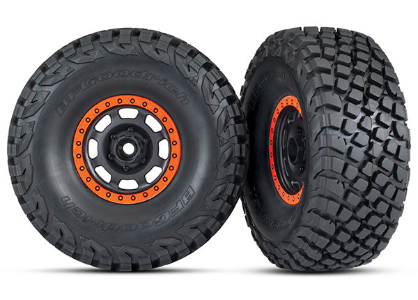 Traxxas 8472 Tires and Wheels, assembled, glued (Desert Racer Wheels, black with orange beadlock, BFGoodrich Baja KR3 Tires) (2) - TRA8472