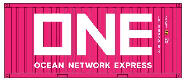 Intermountain Railway 20' Corrugated Container w/Corrugated Doors 2-Pack - Assembled -- Ocean Network Express ONE (magenta, white) - 85-30069
