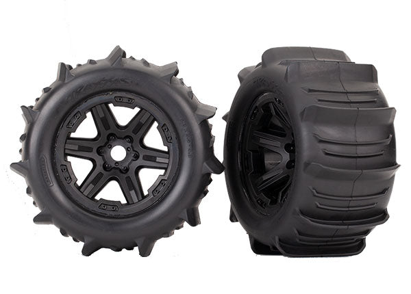Traxxas 8674 Tires & Wheels, assembled, glued (black 3.8' Wheels, paddle Tires, foam Inserts) (2) (TSM Rated) - TRA8674