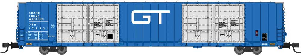 Bluford Shops N-Scale Pullman-Standard 86' Quad Door Auto Parts Boxcar - Ready to Run -- Grand Trunk Western #378237 (Post-1974, blue, silver, white)
