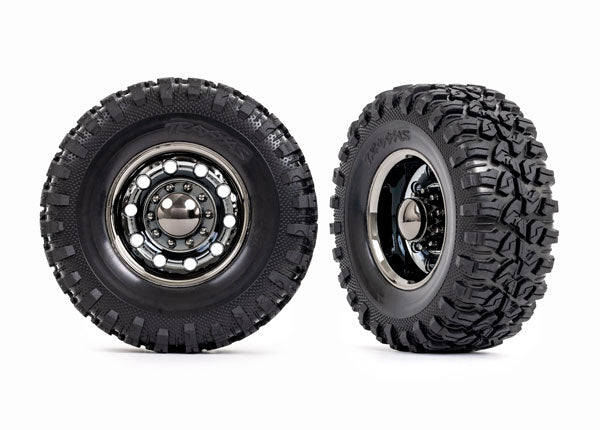 Traxxas 8854X Tires & Wheels, assembled, glued (TRX-6 Big Rig 2.2' black chrome Wheels, Canyon RT 4.6x2.2' Tires, foam Inserts) (Rear) (2)/ center caps (black chrome) (2)