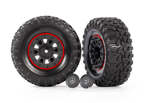 Traxxas 8874 Tires and Wheels , assembled , glued (2.2' black Mercedes-Benz G 63 Wheels , Canyon RT 4.6x2.2' Tires) (2) / center caps (2) / beadlock rings (2) (requires #8255A extended stub axle) - TRA8874