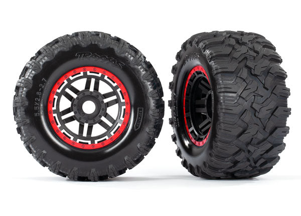 Traxxas 8972R Tires & Wheels, assembled, glued (black, - Red beadlock style Wheels, Maxx MT Tires, foam Inserts) (2) (17mm splined) (TSM Rated) - TRA8972R