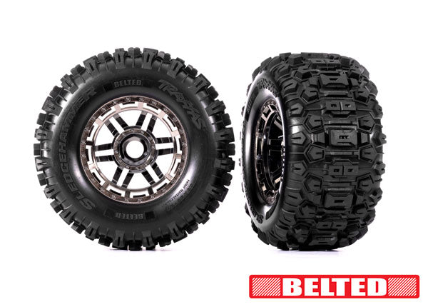 Traxxas 8979A Tires & Wheels, assembled, glued (black chrome Wheels, belted Sledgehammer All-Terrain Tires, dual profile (2.9" outer, 3.8" inner), foam Inserts) (2) (17mm splined) (TSM Rated)