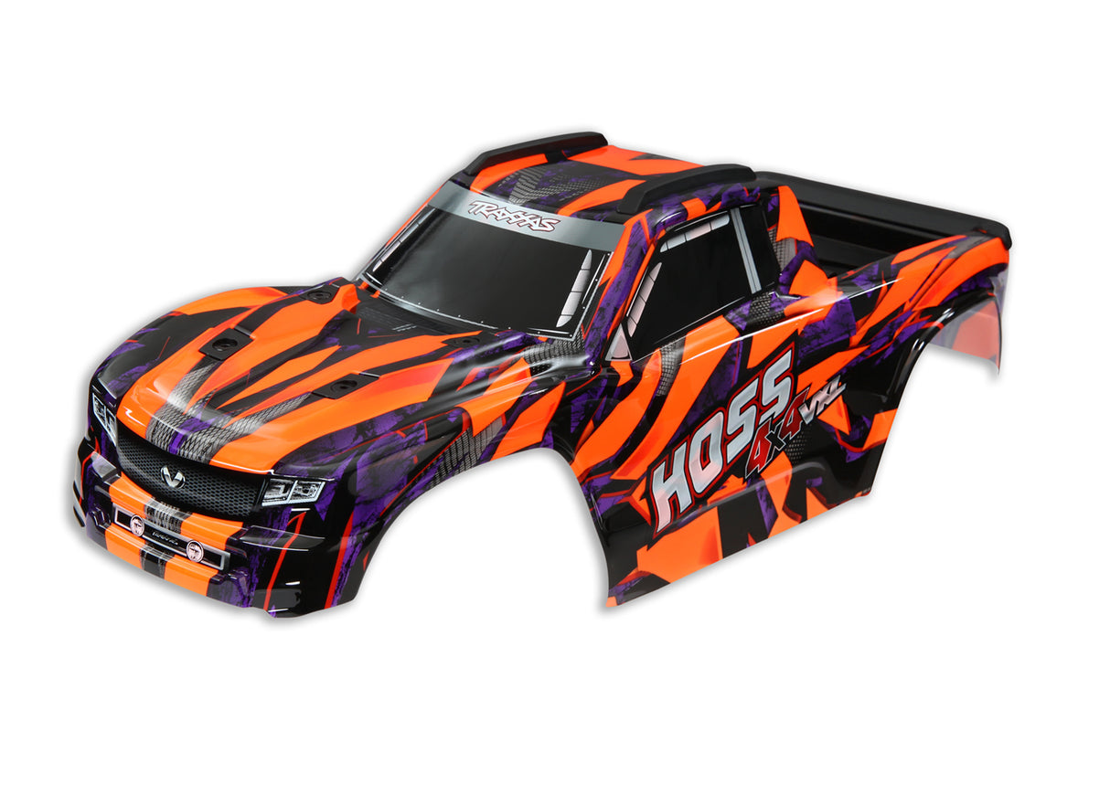 Traxxas 9011A Body, Hoss 4X4 VXL, orange/ window, grille, lights Decal Sheet (assembled with Front & Rear Body Mounts and Rear Body support for clipless Mounting) - TRA9011A