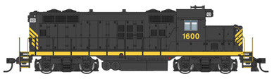 Walthers Mainline HO EMD GP9 Phase II with Chopped Nose - Standard DC -- Leased Unit #1600 (black w/yellow stripes, numbered, unlettered)