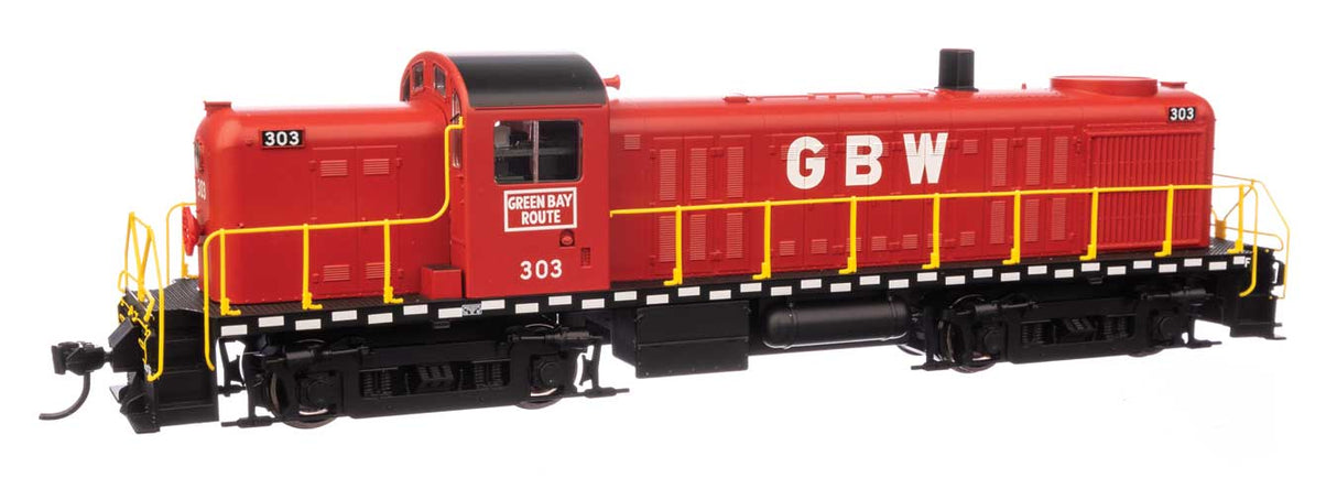 WalthersMainline HO Alco RS-2 - Standard DC -- Green Bay & Western #303 - Water-cooled stack (red, black, white, yellow)