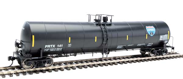 Walthers Mainline Trinity 25,000-Gallon Tank Car - Ready to Run -- Interstate Asphalt PRTX #141 (black, white, yellow conspicuity stripes) - 910-1271