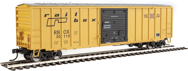 Walthers Mainline 50' ACF Exterior Post Boxcar - Ready to Run -- Railbox 30113 (yellow, black door, small logo and slogan) - 910-1821