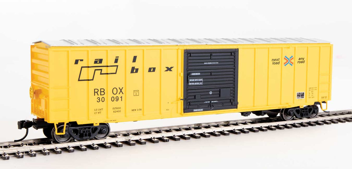 Walthers Mainline 50' ACF Exterior Post Boxcar - Ready to Run -- Railbox #30091 (yellow, Black Door; Small Logo, Slogan) - 910-1864