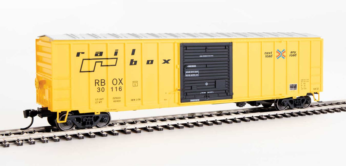 Walthers Mainline 50' ACF Exterior Post Boxcar - Ready to Run -- Railbox #30116 (yellow, Black Door; Small Logo, Slogan) - 910-1865