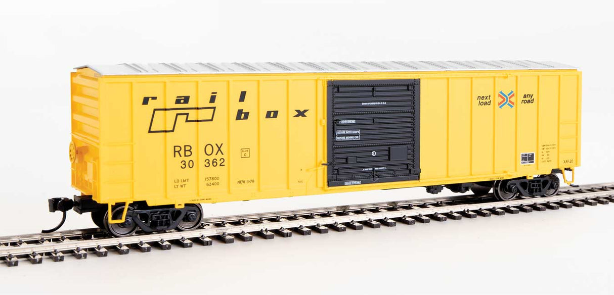 Walthers Mainline 50' ACF Exterior Post Boxcar - Ready to Run -- Railbox #30362 (yellow, Black Door; Small Logo, Slogan) - 910-1866