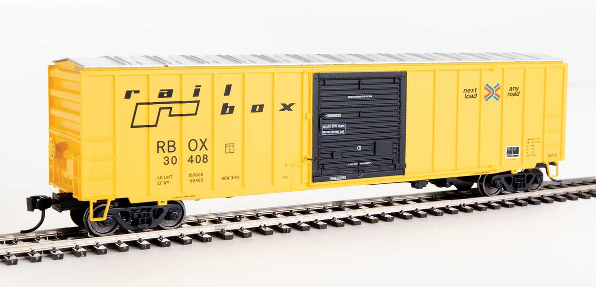 Walthers Mainline 50' ACF Exterior Post Boxcar - Ready to Run -- Railbox #30408 (yellow, Black Door; Small Logo, Slogan) - 910-1867