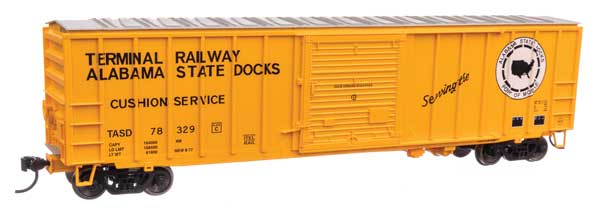 50' ACF Exterior Post Boxcar - Ready to Run -- Terminal Railway Alabama State Docks TASD #78329 (yellow, black, white)