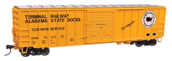 50' ACF Exterior Post Boxcar - Ready to Run -- Terminal Railway Alabama State Docks TASD #78412 (yellow, white, black)