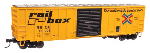 50' ACF Exterior Post Boxcar - Ready to Run -- Railbox RBOX #10008 (yellow, black, red, blue)