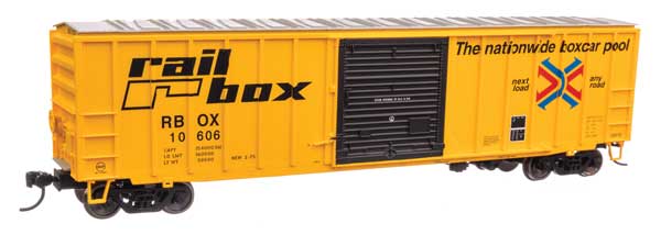 50' ACF Exterior Post Boxcar - Ready to Run -- Railbox RBOX #10606 (yellow, black, red, blue)