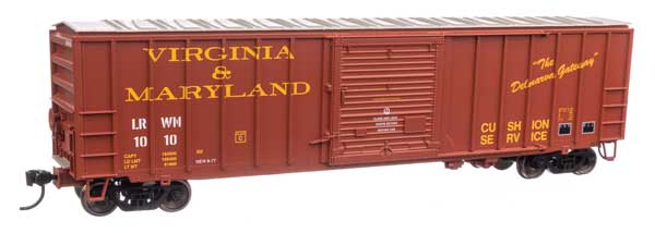 50' ACF Exterior Post Boxcar - Ready to Run -- Virginia & Maryland LRWN #1010 (brown, yellow, white)