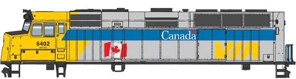 Walthers Mainline EMD F40PH - ESU Sound and DCC -- VIA Rail Canada #6402 (Canada Scheme, gray, blue, yellow, with Flag) - 910-19469