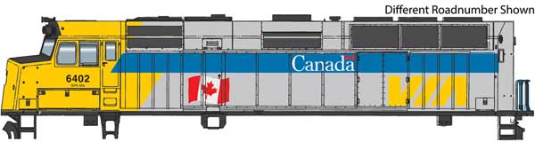Walthers Mainline EMD F40PH - ESU Sound and DCC -- VIA Rail Canada #6427 (Canada Scheme, gray, blue, yellow, with Flag) - 910-19470