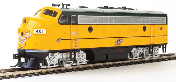 Walthers Mainline EMD F7 A-B Set - ESU Sound and DCC -- Chicago & North Western(TM) #401, #410 (Early 1990s Stagecoach Yellow, green) - 910-19947