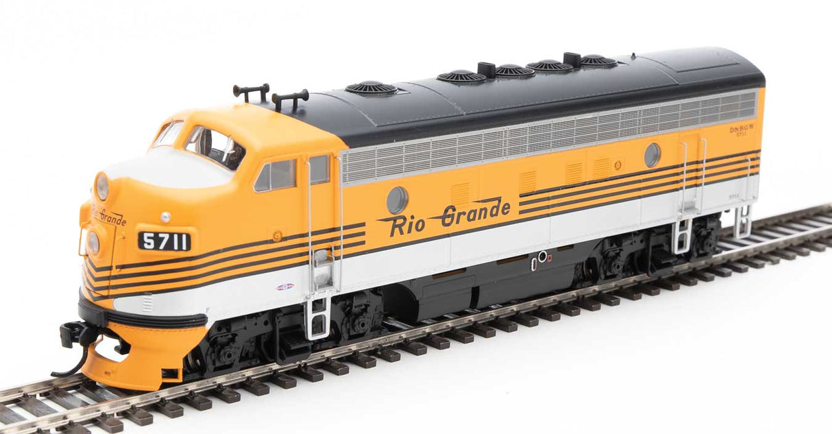 Walthers Mainline EMD F7 A - ESU Sound and DCC -- Denver & Rio Grande Western(TM) #5711 (Grande Gold, silver, black) - 910-19973