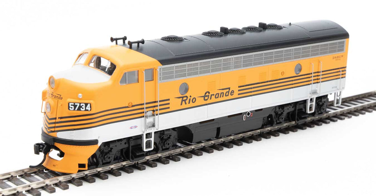 Walthers Mainline EMD F7 A - ESU Sound and DCC -- Denver & Rio Grande Western(TM) #5734 (Grande Gold, silver, black) - 910-19974