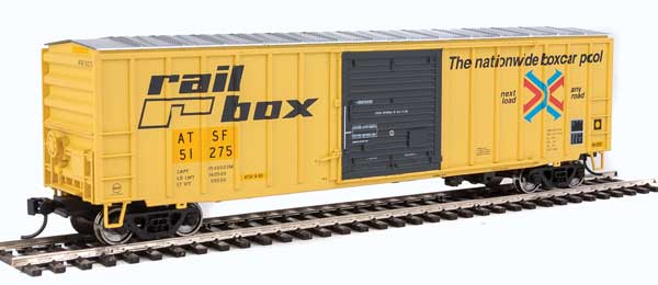 Walthers Mainline 50' ACF Exterior-Post Boxcar - Ready to Run -- Atchison, Topeka & Santa Fe #51275 (Ex-Railbox; yellow, black) - 910-2182