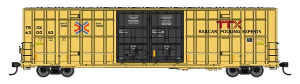WalthersMainline HO 60' High Cube Plate F Horizontal Post Boxcar - Ready to Run -- TTX TBOX #630053 (yellow, black, High Lettering)
