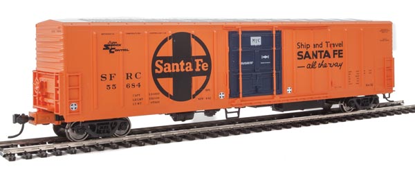 Walthers Mainline 57' Mechanical Reefer - Ready to Run -- Santa Fe SFRC #55684 (orange, black, Large Logo, Ship and Travel Slogan) - 910-3939
