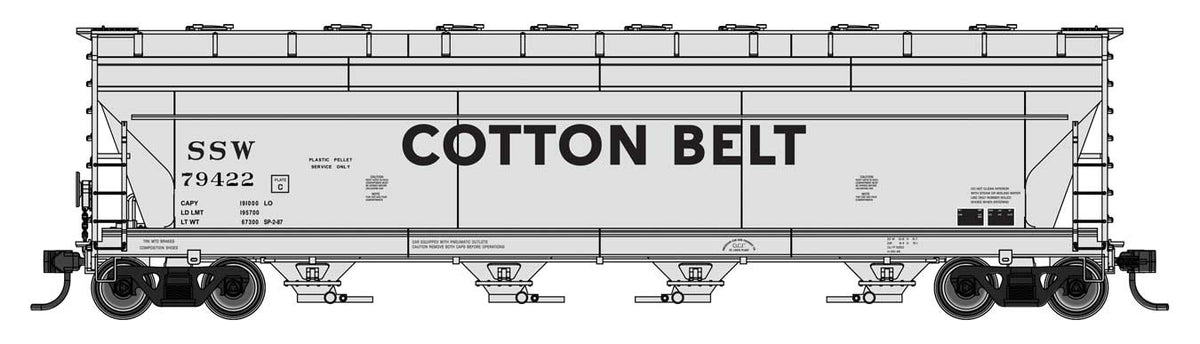 WalthersMainline HO ACF 5250 4-Bay Centerflow Covered Hopper - Ready to Run – Cotton Belt SSW #79422