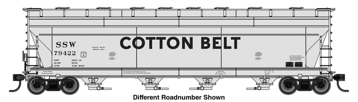 WalthersMainline HO ACF 5250 4-Bay Centerflow Covered Hopper - Ready to Run – Cotton Belt SSW #79459