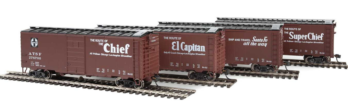 Walthers Mainline 40' Pullman-Standard PS-1 Santa Fe Slogan Boxcar 4-Pack - Ready to Run -- Set #1 - #276629, #276566, #276700, #276502 - 910-51400