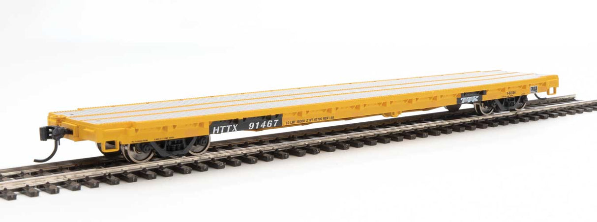 Walthers Mainline 60' Pullman-Standard Flatcar - Ready to Run -- Trailer Train HTTX #91467 (Heavy Duty Loading; yellow, black) - 910-5338