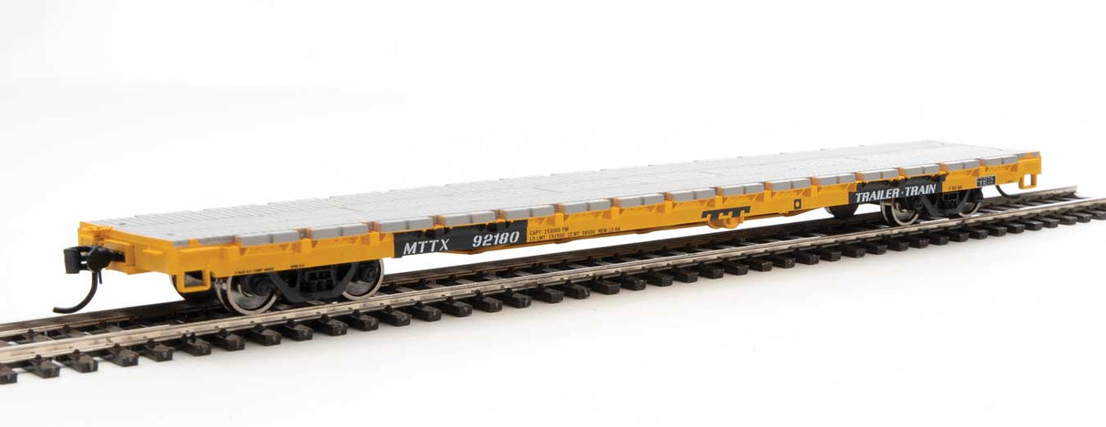 Walthers Mainline 60' Pullman-Standard Flatcar - Ready to Run -- Trailer-Train MTTX #92180 (General Loading; yellow, black) - 910-5342
