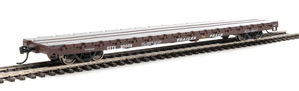 Walthers Mainline 60' Pullman-Standard Flatcar - Ready to Run -- Trailer-Train OTTX #90009 (Farm Machinery Service; brown, yellow TT Logo) - 910-5343