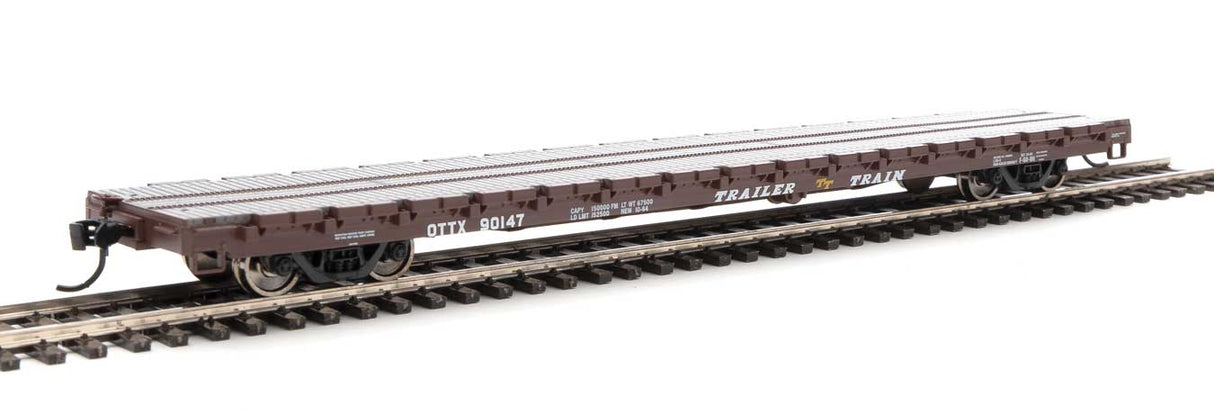 Walthers Mainline 60' Pullman-Standard Flatcar - Ready to Run -- Trailer-Train OTTX #90147 (Farm Machinery Service; brown, yellow TT Logo) - 910-5344
